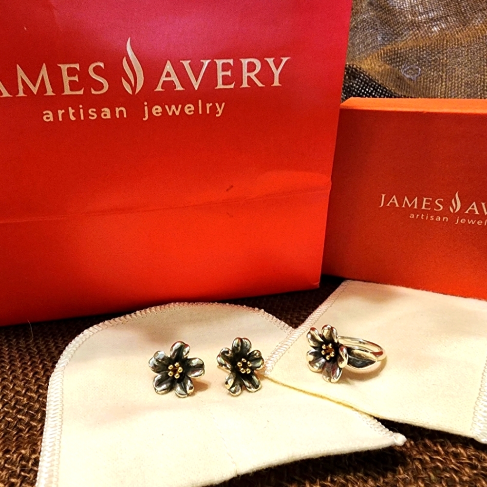 James Avery Retired:  Gold and Silver Flower Ring & Earrings Set